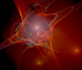 Dynamic viscous substance in space. Shape of cross in diagonal with several spotlights or lanterns on the background. Enlightened composition in red tints with contrast blue hue. Magic plasma.