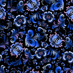 Blue floral pattern in Petrykivka style on black