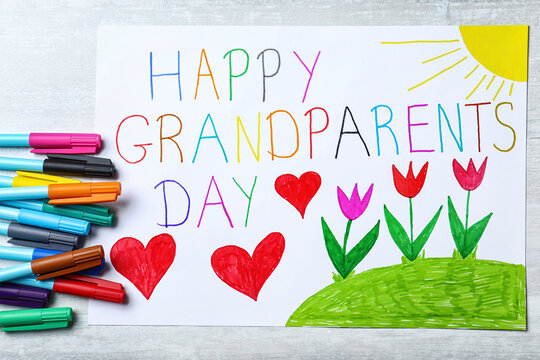 Beautiful drawing on light table, flat lay. Happy Grandparents Day