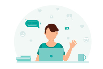 Online dating. A cute guy is sitting at a laptop, using a dating site and chatting with a guy girl. Online dating on the Internet.Flat vector illustrations.