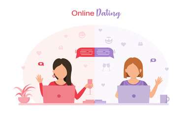 Online date during quarantine and self-isolation, LGBT couple talking via video chat, virtual relationship while distancing, man and woman in love.flat vector illustration