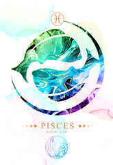 Modern magic witchcraft card with astrology Pisces zodiac sign with alcohol ink texture. Zodiac characteristic. Marble texture background