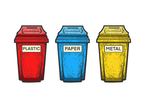 Waste sorting garbage bins trash cans color sketch engraving vector illustration. T-shirt apparel print design. Scratch board imitation. Black and white hand drawn image.