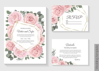 Floral design for wedding invitation. Gold frame in the shape of a crystal, pink roses, green plants, eucalyptus. Vector invitation set: square card for invitation, details, rsvp.