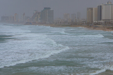 Coastline view of Tel-Aviv, viewed from Jaffa-medieval part of the city. Jaffa was port in ancient...