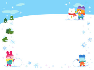 雪あそびをするクマ・ウサギ・ネズミ／フレーム