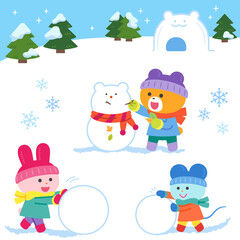 雪あそびをするクマ・ウサギ・ネズミ／セット
