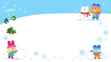 雪あそびをするクマ・ウサギ・ネズミ／フレーム