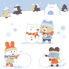 雪あそびをするクマ・ウサギ・ネズミ／セット／4色・シンプルカラー