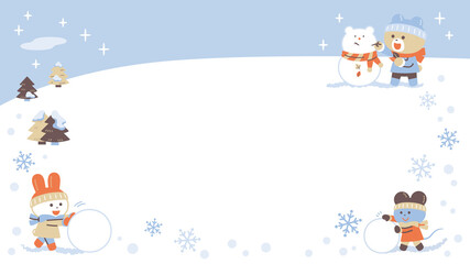 雪あそびをするクマ・ウサギ・ネズミ／フレーム／4色・シンプルカラー