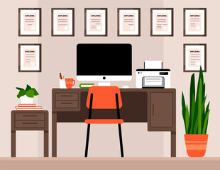 Workplace concept. Office interior. Design for co working. Desktop with computer, printer, coffee mug, diploma, book, organized, plant and pencils. Self-education. Cabinet. Study