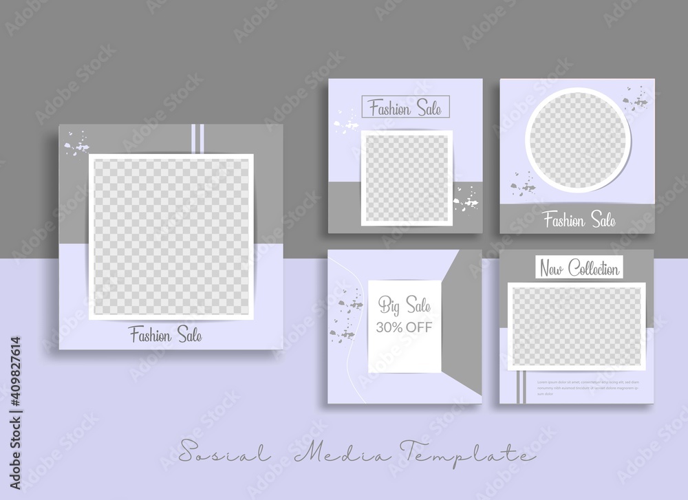 Sticker set of editable minimal square banner template. blue white background color with geometric shapes fo