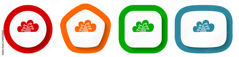 Leinwandbilder Cloud computing, technology, circuit, data vector icon set, flat design buttons on white background