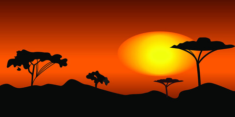 Sunset under Savana flat color vector illustration. Peaceful place with big African trees. Beautiful nature with cartoon landscape with big mountains on background