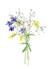 Watercolor bouquet of violets and wild small flowers on white background 