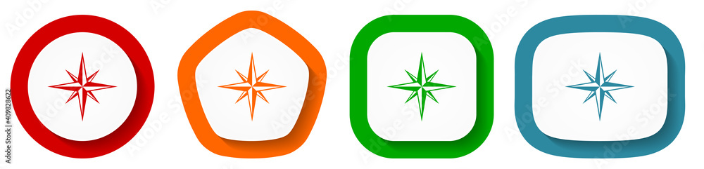 Poster compass vector icon set, flat design buttons on white background