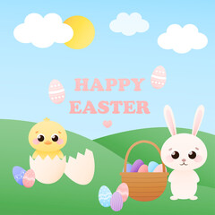Happy easter greeting card in childish style with cute animal characters - easter bunny and chick,egg hunt, basket with eggs, colourful card for kids in cartoon style, spring holiday