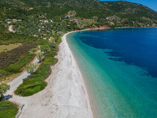 Aerial view of the famous Agios Dimitrios (Saint Demetrios) Beach in Alonnisos island, Sporades, Greece