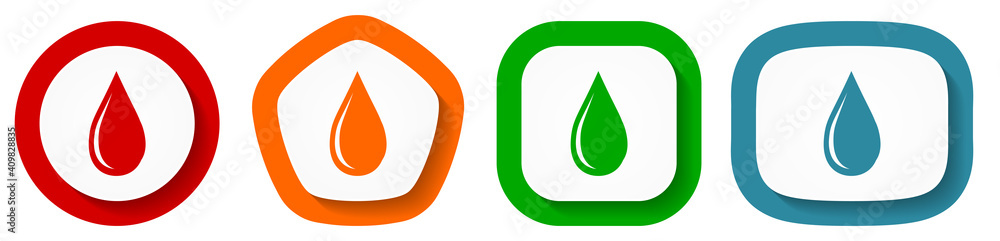Poster water drop vector icon set, flat design buttons on white background