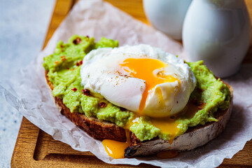 Avocado toast with poached egg on wooden board. Breakfast concept.