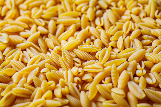 Italian pasta concept. Uncooked raw Italian gnocchetti sardi pasta background.