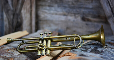 an ancient trumpet on a pile of wood on an old ranch - obrazy, fototapety, plakaty