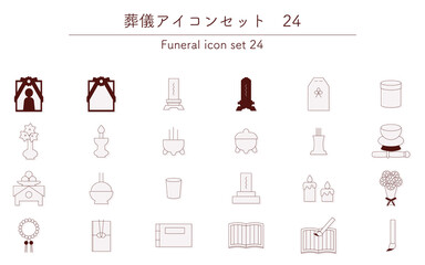 細い線の仏式葬儀用アイコンセット、24