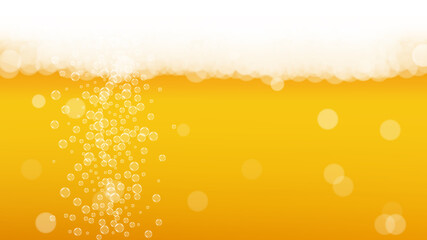 Beer background. Craft lager splash. Oktoberfest foam. Shiny pint of ale with realistic white bubbles. Cool liquid drink for restaurant banner design. Yellow jug with beer background.