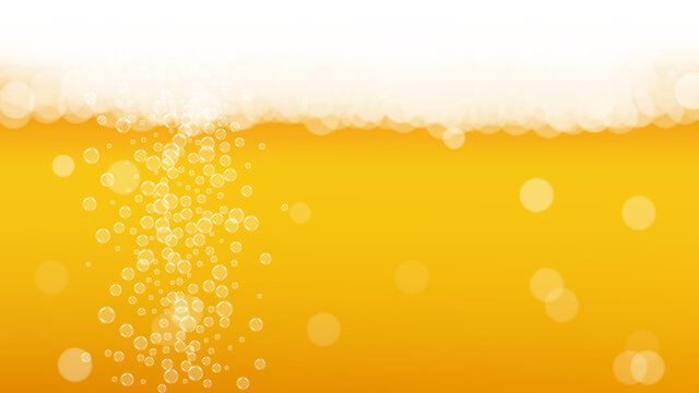 Beer background. Craft lager splash. Oktoberfest foam. Shiny pint of ale with realistic white bubbles. Cool liquid drink for restaurant banner design. Yellow jug with beer background.