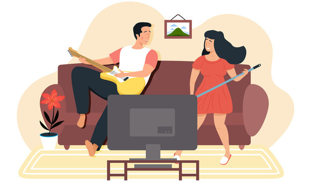 Man Sings With Woman In Duet. Cartoon Characters Use Guitar. Musicians Are Playing Strings On Instrument. Guitarist Making Melody. Couple Spend Time Together. Female Character Plays Mop Like Guitar