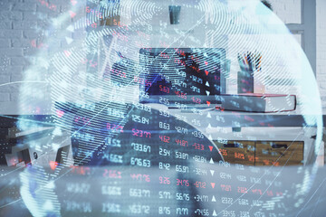 Double exposure of business theme drawing and office interior background. Concept of success