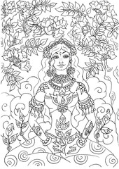 Fototapeta na wymiar Kerala mural style beautiful woman goddess adult coloring book page for adults, black and white outline