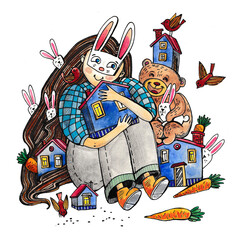 watercolor illustration of a girl in a masquerade mask of a hare, around her houses, a bear and hares