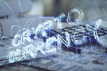 Double exposure of blockchain theme drawings and desk with open notebook background. Concept of...