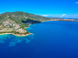 Fototapeta na wymiar Aerial view over southern skiathos island, Greece with modern hotels and luxurious villas in Sporades, Greece,