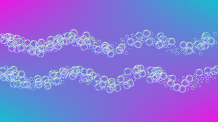 Soap foam. Detergent bath bubble and suds for bathtub. Shampoo. Multicolor fizz and splash. Realistic water frame and border. 3d vector illustration concept. Purple colorful liquid soap foam.