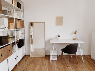 Modern minimal interior design concept. Scandinavian home office, workspace. Business study cabinet. Girl boss studio concept.