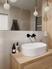 Modern Nordic Scandinavian interior design concept. Bathroom with neutral grey and beige colors....