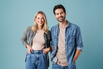 Young beautiful caucasian man and woman smiling and posing at camera - Powered by Adobe