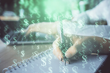 Double exposure of forex chart drawing over people taking notes background. Concept of financial analysis