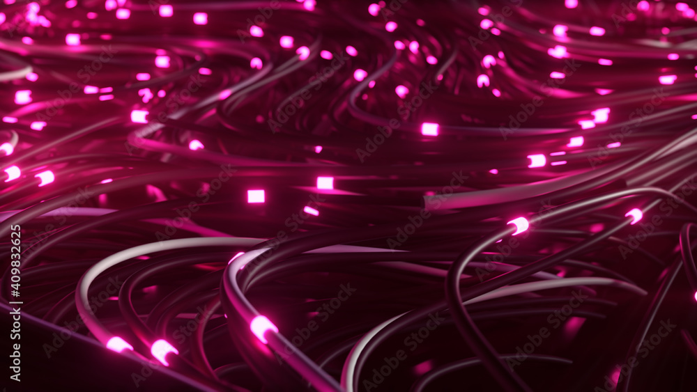Poster bundles of abstract optical fiber lines. bright light signals quickly transmit data for high speed i