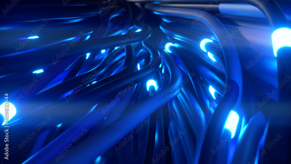 Poster bundles of abstract optical fiber lines. bright light signals quickly transmit data for high speed i