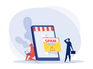 Businessman character holding his head from envelope with warning and alert notification. Spam Email vector illustrator.