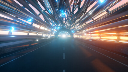 Naklejka premium Flying in a futuristic fiber optic tunnel with a road. Future technologies concept. Business background. Pleasant natural lighting. 3d illustration