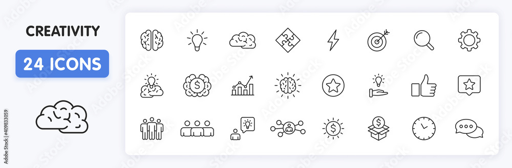 Aufkleber set of 24 creativity and idea web icons in line style. creativity, finding solution, brainstorming, 