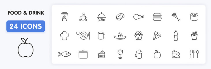 Set of 24 Food and Drink web icons in line style. Coffe, water, eat, restaurant, fastfood. Vector illustration.