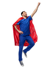 healthcare, profession and medicine concept - happy smiling doctor or male nurse in blue uniform and red superhero cape flying over white background © Syda Productions