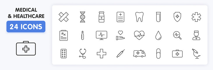 Set of 24 Medical and Health web icons in line style. Medicine and Health Care, RX, infographic. Vector illustration.