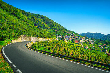 Road of Prosecco wine, vineyards and Santo Stefano village. Unesco Site. Valdobbiadene, Veneto, Italy