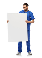 healthcare, profession and medicine concept - happy smiling male doctor or nurse in blue uniform with big board over white background